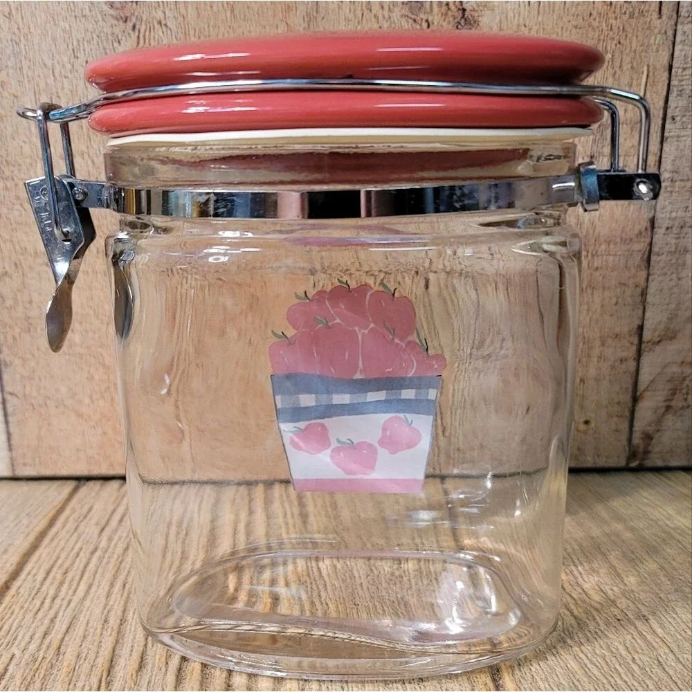 Canning Glass Jar Flip Red Ceramic Top Wire Clasp Vintage 6.5 Inches Tall Gift